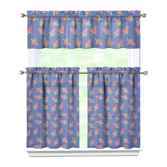 Kitchen Curtains 36 Inch Short - 3 Panel Set Watermelon Print, Rod Pocket Window Curtains 100% Polyester, Tropical Fruit Valance for Farmhouse, Cafe, Living Room, Bedroom, Easy Wash