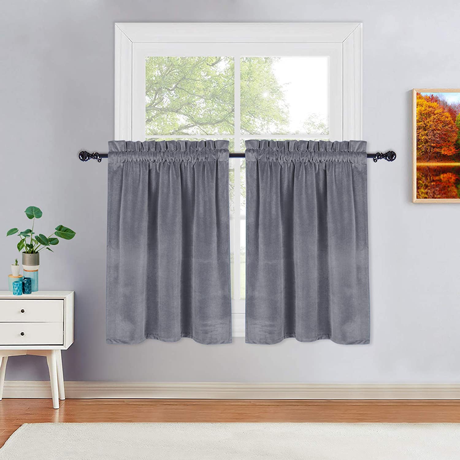 Kitchen Curtains 36 Inches Length, Elegant Grey Velvet Cafe Curtains