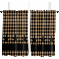 Kitchen Curtains 39 Inch Length, Retro Country Star Farmhouse Curtains & Drapes, Brown Black Buffalo Plaid Rod Pocket Window Curtains for Living Room/Bedroom/Bathroom, 27.5x39, 2 Panels