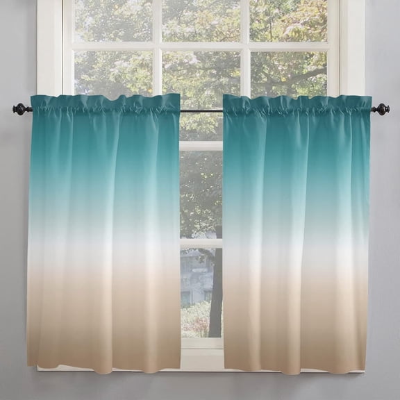 Kitchen Curtains 39 Inch Length, Teal Beige Ombre Cream Farmhouse Curtains Drapes, Modern Turquoise Abstract Art Aesthetics Rod Pocket Window Curtains for Living Room/Bedroom 27.5x39, 2 Panels