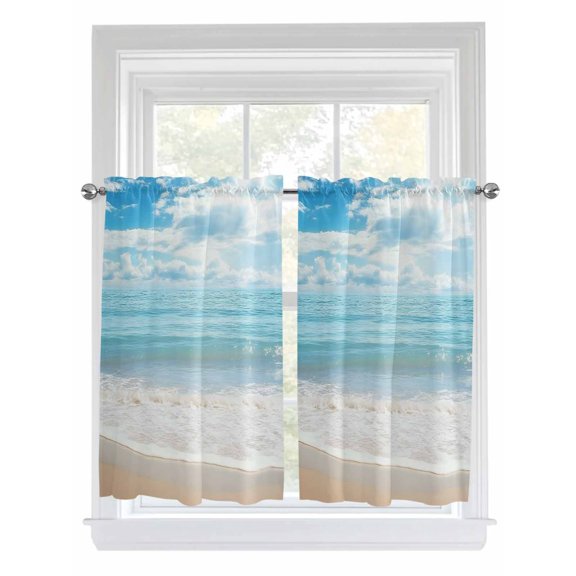 Kitchen Curtains 45 Inches length, Blue Ocean Window Treatment Curtain Drapes, Coastal Sea Beach Shore Sky Waves Scenery Lightweight Window Panels for Living Room Bedroom, 52"x45", 2 Panels