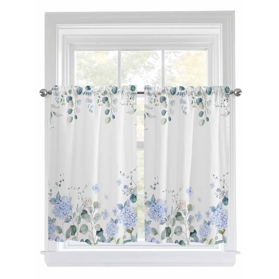 Kitchen Curtains 45 Inches length, Eucalyptus Flower Window Treatment Curtain Drapes, Sage Green Leaf Blue Floral Watercolor Lightweight Window Panels for Living Room Bedroom, 52"x45", 2 Panels