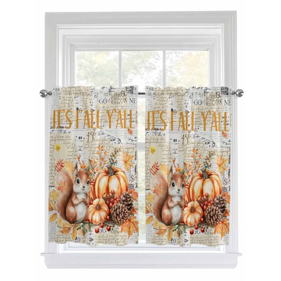 Kitchen Curtains 45 Inches length, Fall Squirrel Pumpkins Window Treatment Curtain Drapes, Vintage Maple Leaf Thanksgiving Lightweight Window Panels for Living Room Bedroom, 52"x45", 2 Panels