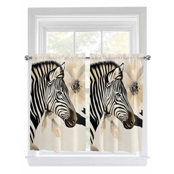 Kitchen Curtains 45 Inches length, Floral Zebra Window Treatment Curtain Drapes, Black Stripes Flowers Plant Spring Botanical Lightweight Window Panels for Living Room Bedroom, 52"x45", 2 Panels