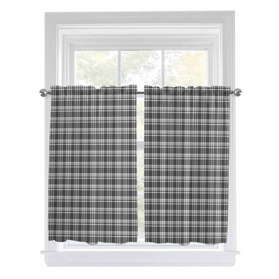 Kitchen Curtains 45 Inches length, Geometric Lattice, Window Treatment Curtain Drapes, Black Grey Classic Farmhouse Plaid Lightweight Window Panels for Living Room Bedroom, 52"x45", 2 Panels