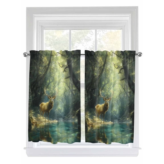 Kitchen Curtains 45 Inches length, Green Forest Deer Window Treatment Curtain Drapes, Fantasy Vintage Nature Scenery Lightweight Window Panels for Living Room Bedroom, 52"x45", 2 Panels