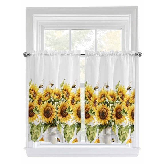 Kitchen Curtains 45 Inches length, Sunflower Bee Window Treatment Curtain Drapes, Watercolor Yellow White Summer Spring Lightweight Window Panels for Living Room Bedroom, 52"x45", 2 Panels