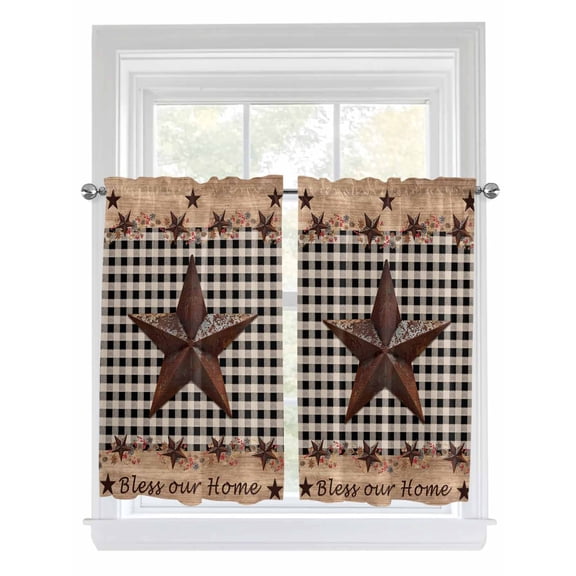 Kitchen Curtains 45 Inches length, Texas Star Plaid Window Treatment Curtain Drapes, Farmhouse Black Brown Texas Vintage Lightweight Window Panels for Living Room Bedroom, 52"x45", 2 Panels