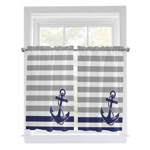 Kitchen Curtains 54 Inches length, Anchor Gray Window Treatment Curtain Drapes, Modern Navy Blue White Striped Nautical Decorative Window Curtains for Bedroom Cafe, 52"x54", 2 Panels