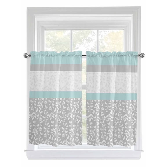 Kitchen Curtains 54 Inches length, Aqua Grey Window Treatment Curtain Drapes, Chic Garden Floral Stripe Embroidery Design Decorative Window Curtains for Bedroom Cafe, 52"x54", 2 Panels