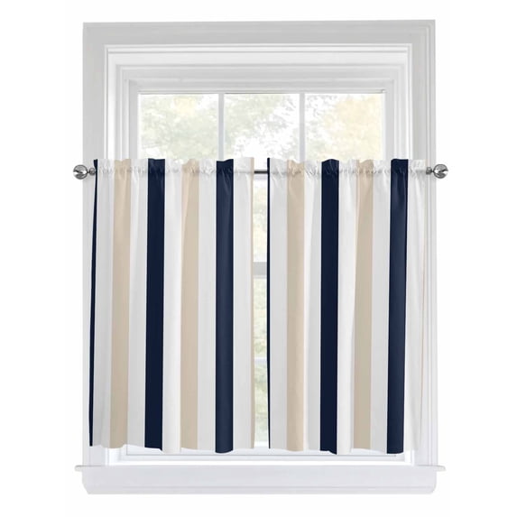 Kitchen Curtains 54 Inches length, Beige Navy Blue Striped Window Treatment Curtain Drapes, Farmhouse Stripe Art Thermal Insulated Drapes for Basement Hotel RV, 42"x54", 2 Panels