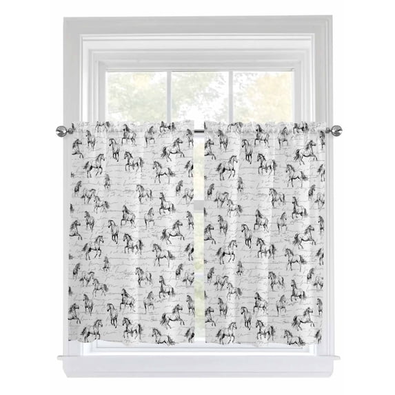 Kitchen Curtains 54 Inches length, Black Horse Window Treatment Curtain Drapes, Watercolor Vintage Animals Thermal Insulated Drapes for Basement Hotel RV, 42"x54", 2 Panels