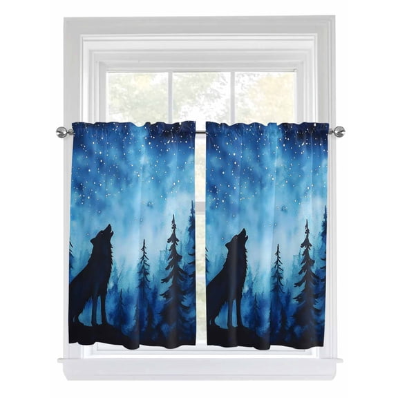 Kitchen Curtains 54 Inches length, Black Wolf Night Window Treatment Curtain Drapes, Abstract Forest Silhouette Starry Decorative Window Curtains for Bedroom Cafe, 52"x54", 2 Panels