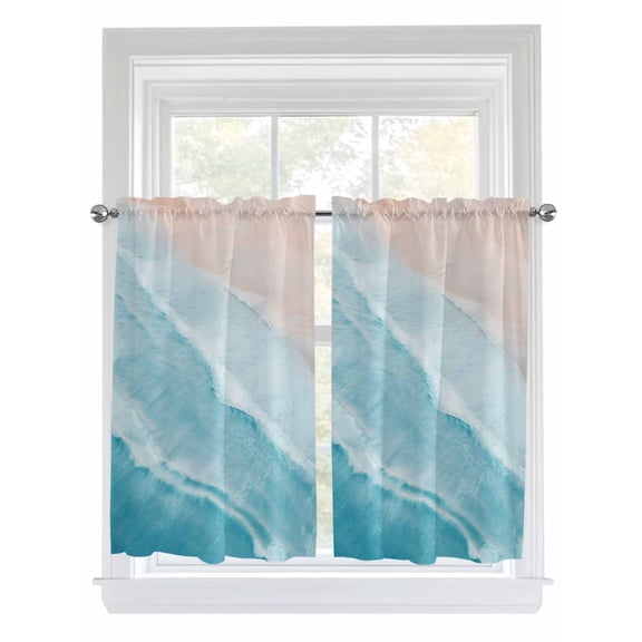 Kitchen Curtains 54 Inches length, Blue Coastal Wave Window Treatment Curtain Drapes, Summer Modern Ocean Beach Decorative Window Curtains for Bedroom Cafe, 52"x54", 2 Panels