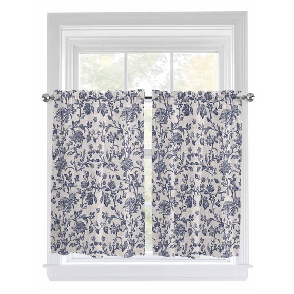 Kitchen Curtains 54 Inches length, Blue Floral Leaf Window Treatment Curtain Drapes, Retro Farmhouse Plant Tree Branch Thermal Insulated Drapes for Basement Hotel RV, 42"x54", 2 Panels
