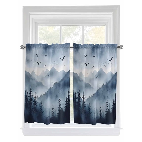 Kitchen Curtains 54 Inches length, Blue Mountain Peak Window Treatment Curtain Drapes, Forest Tree Bird Fog Landscape Decorative Window Curtains for Bedroom Cafe, 52"x54", 2 Panels