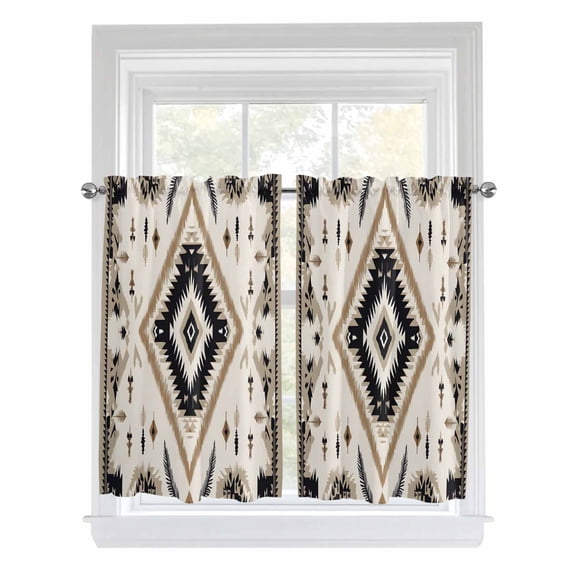 Kitchen Curtains 54 Inches length, Boho Black Brown Window Treatment Curtain Drapes, Retro Geometric Southwestern Ethnic Thermal Insulated Drapes for Basement Hotel RV, 42"x54", 2 Panels
