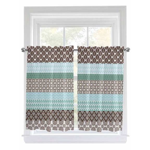 Kitchen Curtains 54 Inches length, Boho Geometric Window Treatment Curtain Drapes, Turquoise Green Brown Tribal Stripes Thermal Insulated Drapes for Basement Hotel RV, 42"x54", 2 Panels