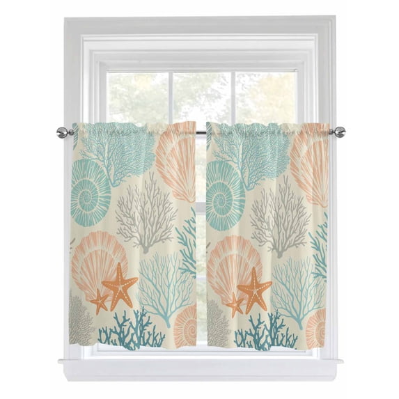 Kitchen Curtains 54 Inches length, Coastal Turquoise Window Treatment Curtain Drapes, Ocean Coral Starfish Shell Modern Sea Decorative Window Curtains for Bedroom Cafe, 52"x54", 2 Panels