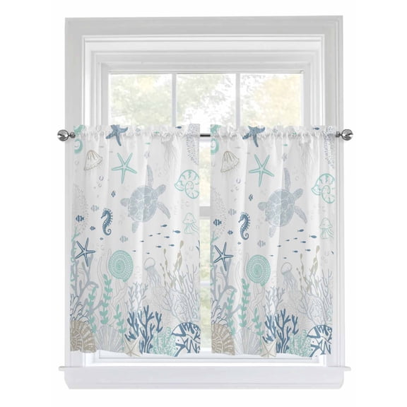 Kitchen Curtains 54 Inches length, Coastal Window Treatment Curtain Drapes, Turquoise Blue Turtle Starfish Coral Jellyfish Decorative Window Curtains for Bedroom Cafe, 52"x54", 2 Panels
