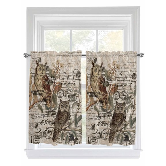 Kitchen Curtains 54 Inches length, Country Owl Window Treatment Curtain Drapes, Rustic Sping Floral Botanical Postmark Decorative Window Curtains for Bedroom Cafe, 52"x54", 2 Panels
