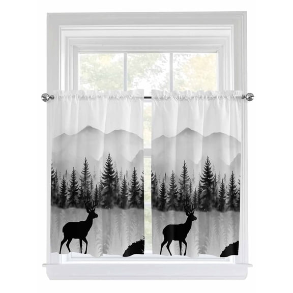 Kitchen Curtains 54 Inches length, Deer Forest Window Treatment Curtain Drapes, Retro Country Trees Mountain Nature Scenery Decorative Window Curtains for Bedroom Cafe, 52"x54", 2 Panels