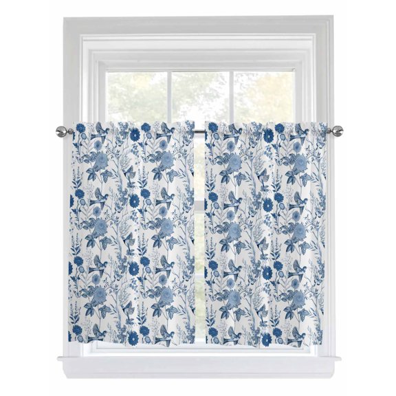 Kitchen Curtains 54 Inches length, Flower Bird Window Treatment Curtain Drapes, Vintage Blue Garden Country Wildflower Decorative Window Curtains for Bedroom Cafe, 52"x54", 2 Panels