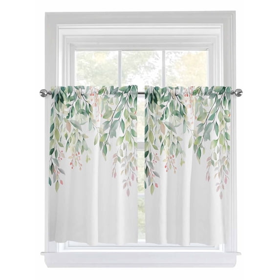 Kitchen Curtains 54 Inches length, Green Botanical Window Treatment Curtain Drapes, Pink Spring Floral Eucalyptus Leaves Decorative Window Curtains for Bedroom Cafe, 52"x54", 2 Panels