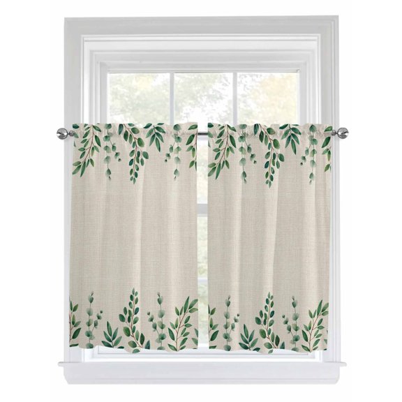 Kitchen Curtains 54 Inches length, Green Leaf Window Treatment Curtain Drapes, Sage Eucalyptus Farmhouse Country Plant Decorative Window Curtains for Bedroom Cafe, 52"x54", 2 Panels