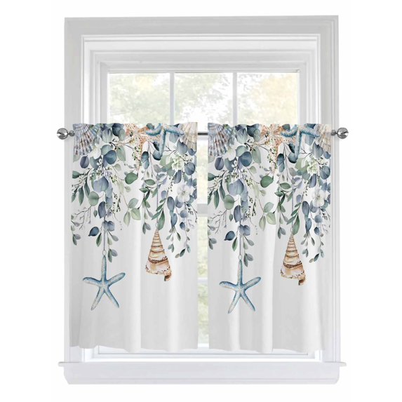 Kitchen Curtains 54 Inches length, Green Teal Eucalyptus Window Treatment Curtain Drapes, Coastal Summer Starfish Thermal Insulated Drapes for Basement Hotel RV, 42"x54", 2 Panels