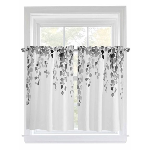 Kitchen Curtains 54 Inches length, Grey Eucalyptus Leaves Window Treatment Curtain Drapes, Weeping Spring Botanical Summer Decorative Window Curtains for Bedroom Cafe, 52"x54", 2 Panels