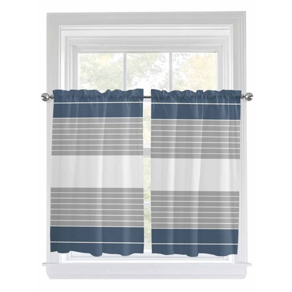 Kitchen Curtains 54 Inches length, Haze Blue Grey Stripe Window Treatment Curtain Drapes, Modern Art Horizontal Striped Decorative Window Curtains for Bedroom Cafe, 52"x54", 2 Panels
