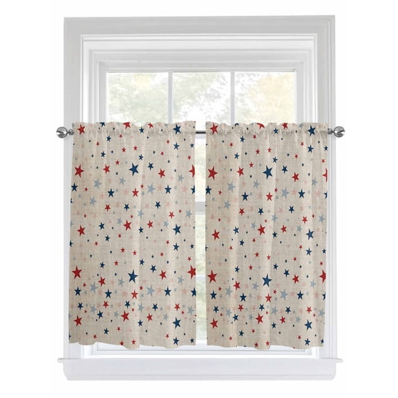 Kitchen Curtains 54 Inches length, Independence Five-pointed Star Shining Window Treatment Curtain Drapes, Linen Burlap American Flag Day Thermal Insulated Drapes for Bedroom, 42"x54", 2 Panels