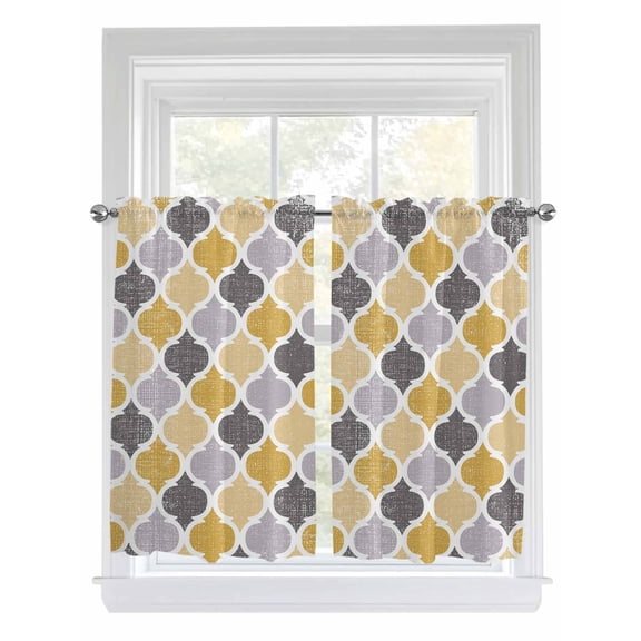 Kitchen Curtains 54 Inches length, Moroccan Window Treatment Curtain Drapes, Vintage Moroccan Texture Yellow Grey Decorative Window Curtains for Bedroom Cafe, 52"x54", 2 Panels