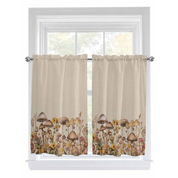 Kitchen Curtains 54 Inches length, Mushroom Window Treatment Curtain Drapes, Farmhouse Summer Botanical Floral Rustic Decorative Window Curtains for Bedroom Cafe, 52"x54", 2 Panels