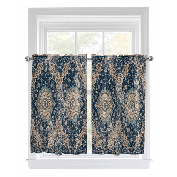 Kitchen Curtains 54 Inches length, Navy Blue Boho Window Treatment Curtain Drapes, Modern Geometric Abstract Ehtnic Decorative Window Curtains for Bedroom Cafe, 52"x54", 2 Panels