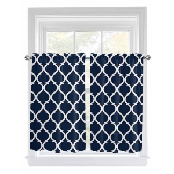 Kitchen Curtains 54 Inches length, Navy Blue Morocco Pattern Window Treatment Curtain Drapes, White Moroccan Geometric Art Decorative Window Curtains for Bedroom Cafe, 52"x54", 2 Panels