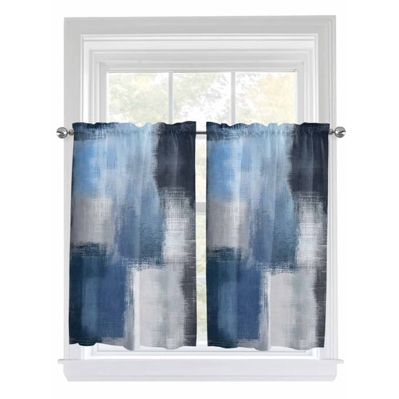 Kitchen Curtains 54 Inches length, Navy Blue Ombre Window Treatment Curtain Drapes, Modern Oil Painting Geometric Decorative Window Curtains for Bedroom Cafe, 52"x54", 2 Panels
