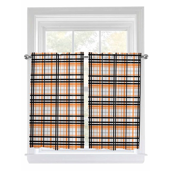 Kitchen Curtains 54 Inches length, Orange Black Plaid Window Treatment Curtain Drapes, Farmhouse Orange Black Checkered Decorative Window Curtains for Bedroom Cafe, 52"x54", 2 Panels