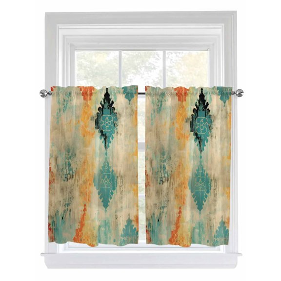 Kitchen Curtains 54 Inches length, Orange Teal Red Window Treatment Curtain Drapes, Boho Ethnic Abstract Splashing Art Thermal Insulated Drapes for Basement Hotel RV, 42"x54", 2 Panels