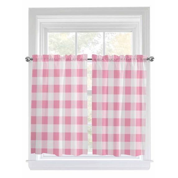 Kitchen Curtains 54 Inches length, Pink Checkered Window Treatment Curtain Drapes, Pink White Buffalo Plaid Thermal Insulated Drapes for Basement Hotel RV, 42"x54", 2 Panels