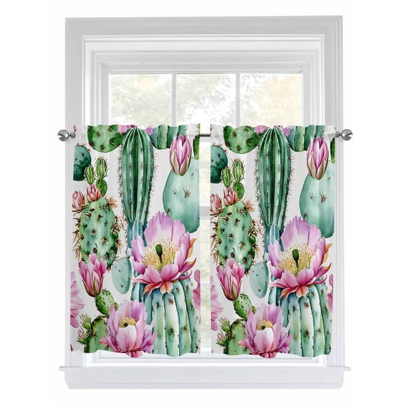 Kitchen Curtains 54 Inches length, Pink Succulent Window Treatment Curtain Drapes, Green Cactus Watercolor Pastoral Decorative Window Curtains for Bedroom Cafe, 52"x54", 2 Panels