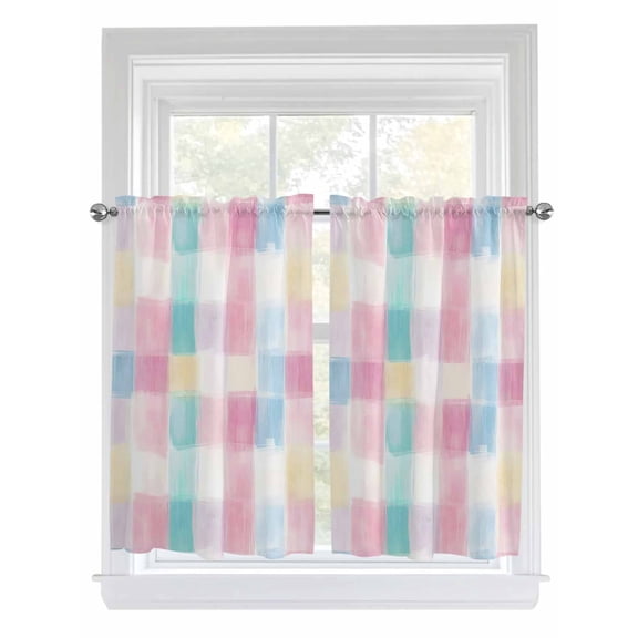 Kitchen Curtains 54 Inches length, Punk Blue Check Window Treatment Curtain Drapes, Boho Rainbow Minimalist Aesthetic Decorative Window Curtains for Bedroom Cafe, 52"x54", 2 Panels
