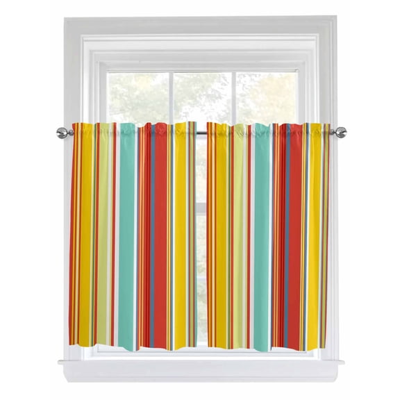 Kitchen Curtains 54 Inches length, Red Aqua Stripe Window Treatment Curtain Drapes, Country Abstract Art Colorful Striped Decorative Window Curtains for Bedroom Cafe, 52"x54", 2 Panels