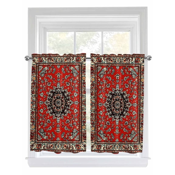 Kitchen Curtains 54 Inches length, Red Bohemian Window Treatment Curtain Drapes, Boho Flower Abstract Modern Retro Art Thermal Insulated Drapes for Basement Hotel RV, 42"x54", 2 Panels
