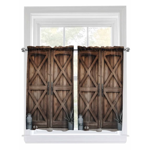 Kitchen Curtains 54 Inches length, Retro Brown Door Window Treatment Curtain Drapes, Country Vintage Wooden Door Thermal Insulated Drapes for Basement Hotel RV, 42"x54", 2 Panels