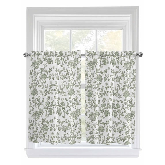 Kitchen Curtains 54 Inches length, Sage Green Flower Window Treatment Curtain Drapes, Vintage Farmhouse Boho Leaf Spring Decorative Window Curtains for Bedroom Cafe, 52"x54", 2 Panels