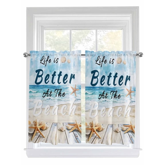 Kitchen Curtains 54 Inches length, Summer Coastal Beach Window Treatment Curtain Drapes, Ocean Wave Starfish Shell Decorative Window Curtains for Bedroom Cafe, 52"x54", 2 Panels