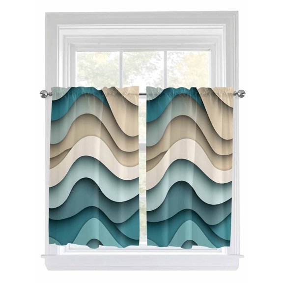 Kitchen Curtains 54 Inches length, Teal Beige Ombre Window Treatment Curtain Drapes, Moire Modern Abstract Art Geometric Decorative Window Curtains for Bedroom Cafe, 52"x54", 2 Panels