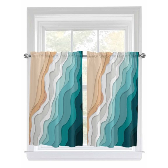 Kitchen Curtains 54 Inches length, Teal Green Window Treatment Curtain Drapes, Geometric Brown White Beach Waves Gradient Decorative Window Curtains for Bedroom Cafe, 52"x54", 2 Panels